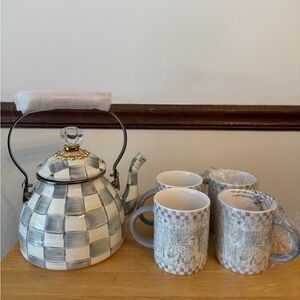 Mackenzie- Childs Teapot and Matching Mugs in Sterling Check